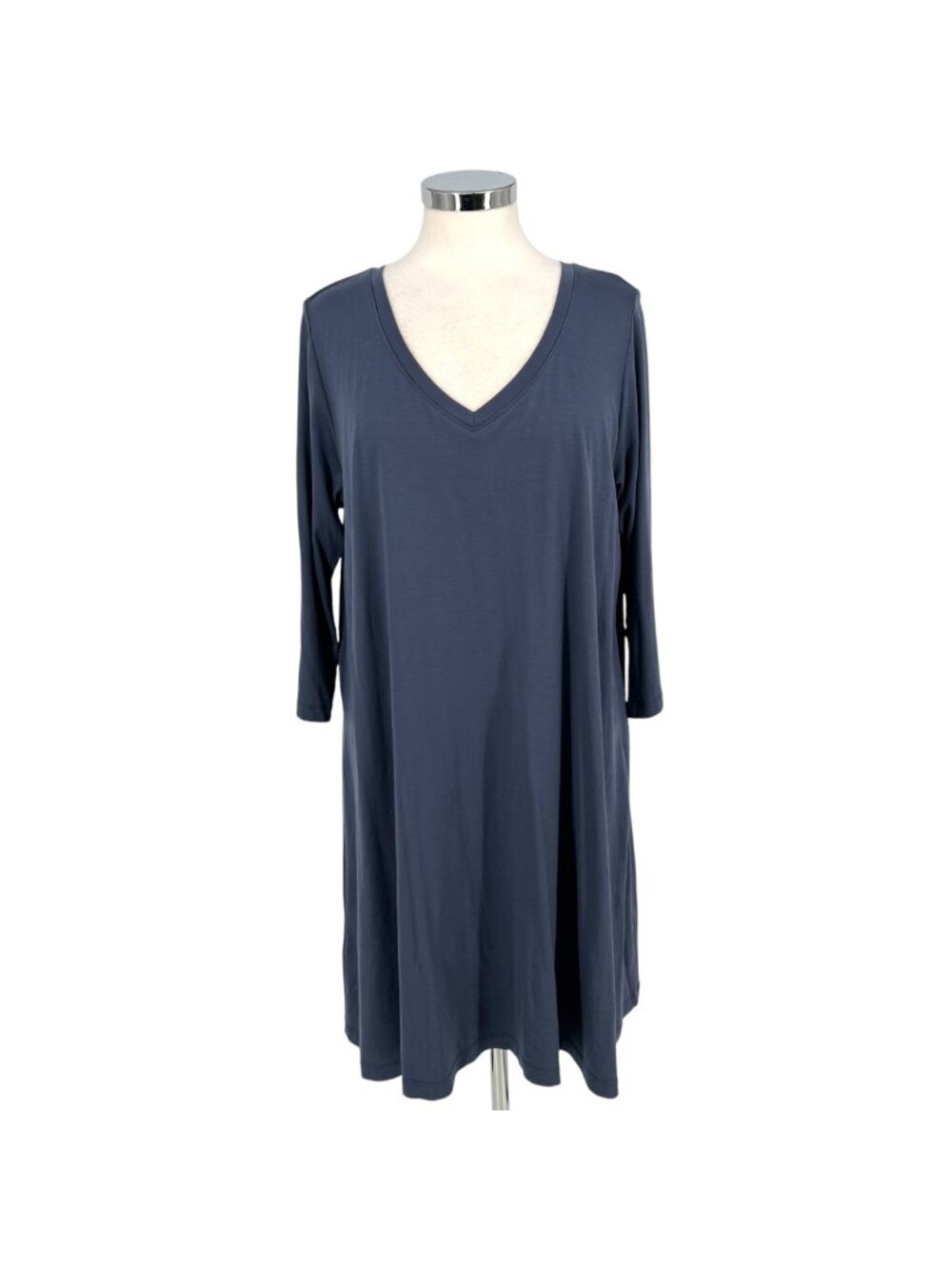 Wool& 3/4 Sleeve V-Neck Swing Shift Dress Blue Size XL Minimalist Effortless
